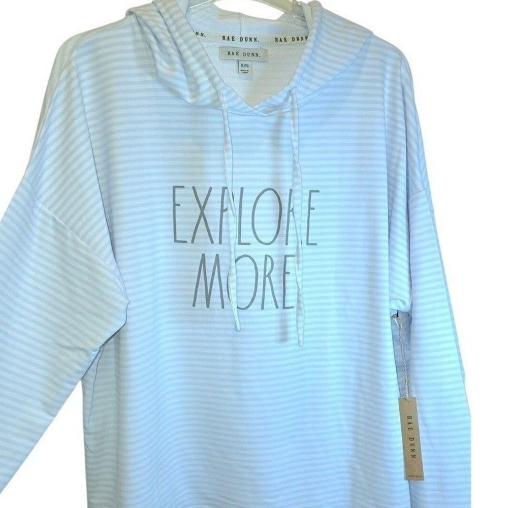 Rae Dunn Hoodie Sweatshirt Pullover Womens XL Top Stripe Long Sleeve Blue White - Picture 13 of 16